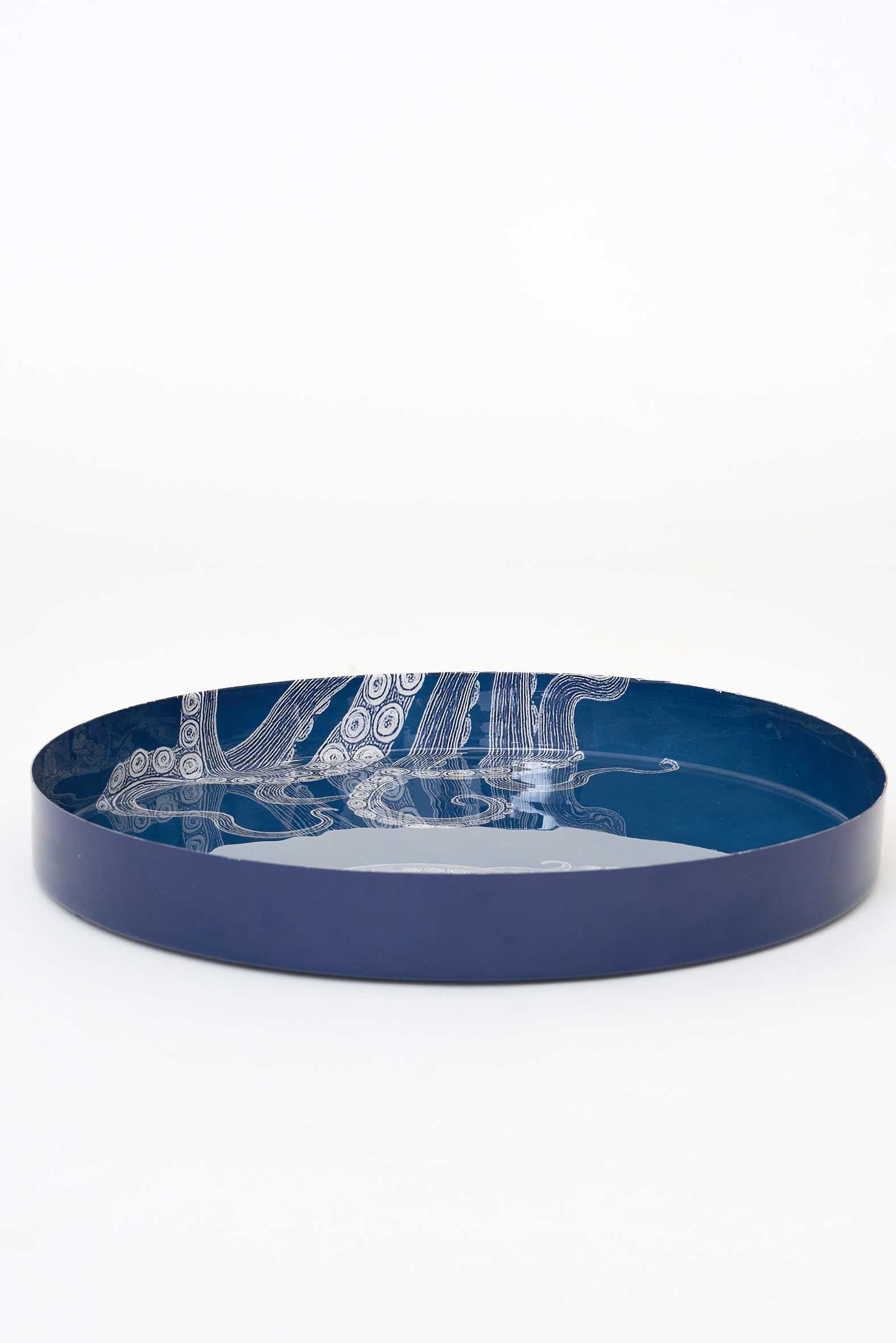 D0719 - Octopus Rnd Tray, Wood, Blue/White